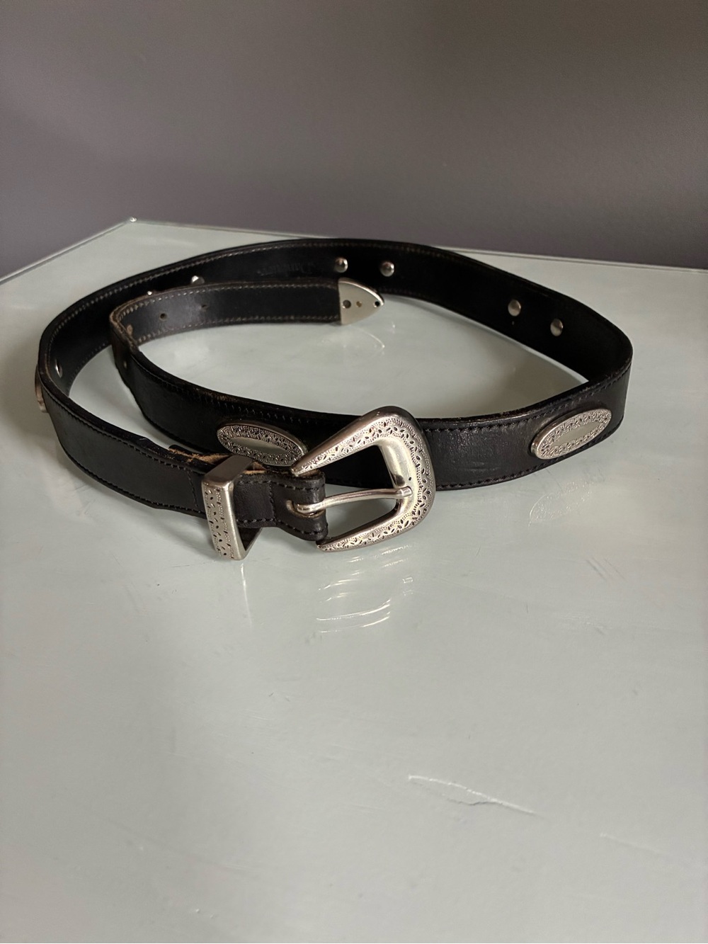 Western Black Leather Belt With Silver Medallions & End Piece